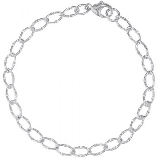 The Rembrandt Charms Dapped Single Link Curb Classic Bracelet, featuring oval links and a secure lobster clasp, is elegantly arranged in a circle against a plain white background.