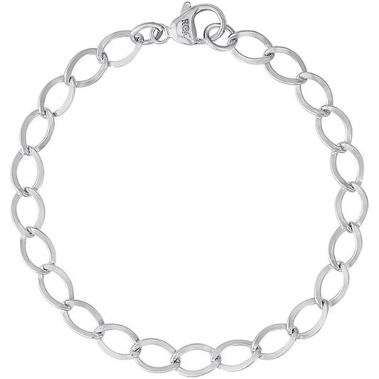 The Rembrandt Charms "Charm Bracelet 7 Inch" in sterling silver features oval-shaped links and a secure lobster clasp closure, elegantly arranged in a circular formation against a white background.