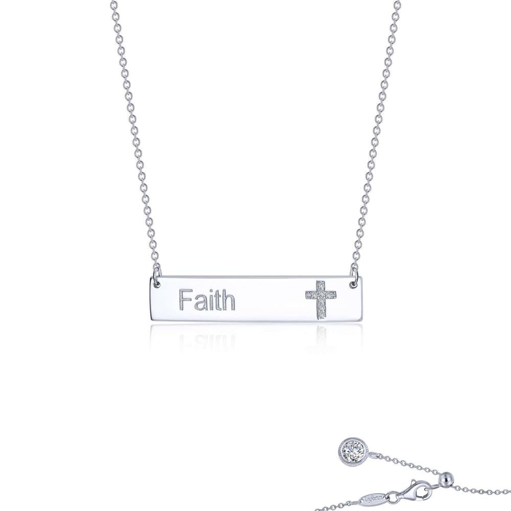 The Sterling Silver Faith Bar Necklace by Lafonn showcases a rectangular pendant inscribed with "Faith" and a small engraved cross. This elegant piece is complemented by a fine chain that extends to a delicate clasp adorned with a small circular charm.