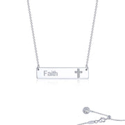 The Sterling Silver Faith Bar Necklace by Lafonn showcases a rectangular pendant inscribed with "Faith" and a small engraved cross. This elegant piece is complemented by a fine chain that extends to a delicate clasp adorned with a small circular charm.