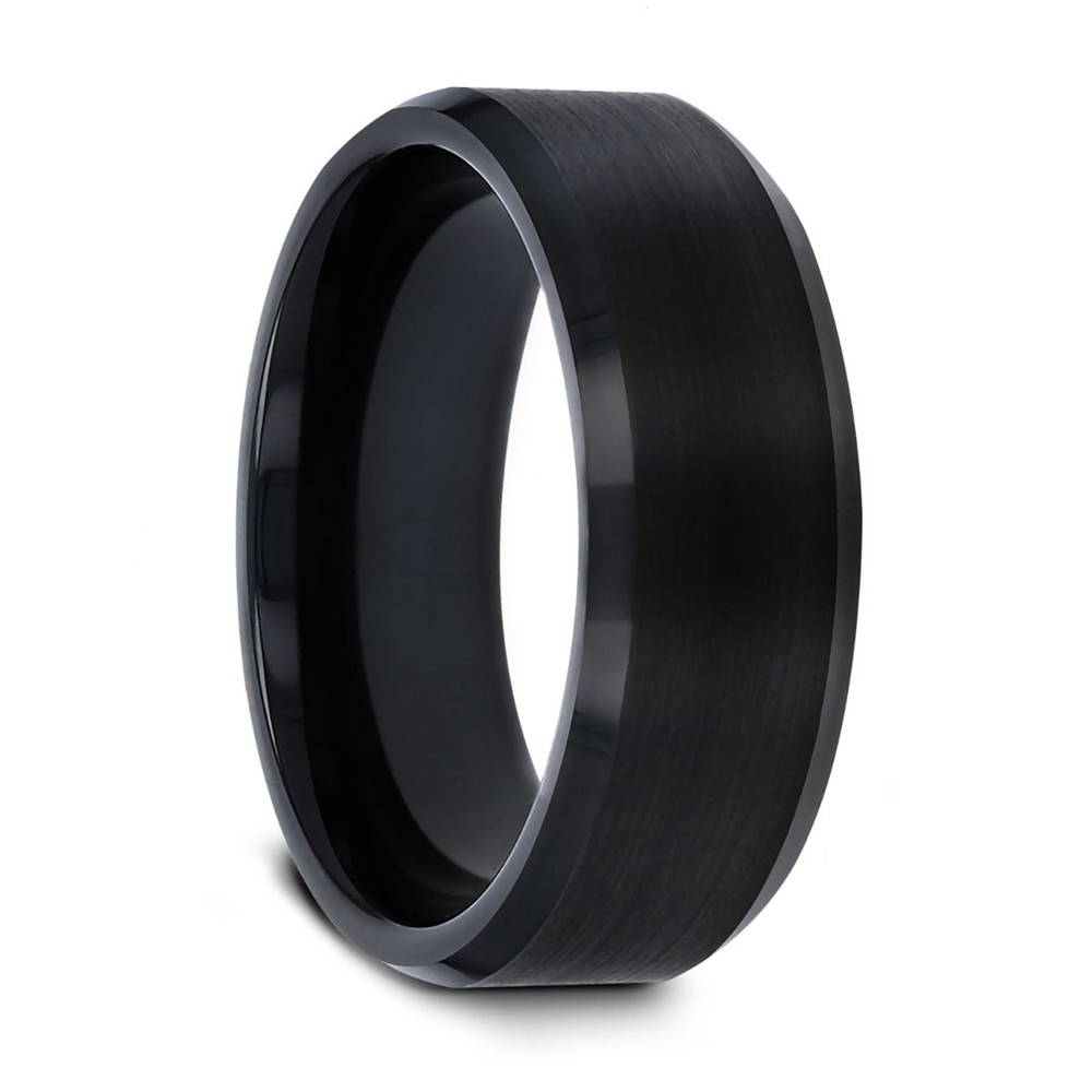 The ELISE by Thorsten is a sleek, black tungsten ring featuring a brush finished center and wide band. It boasts polished, beveled edges for a modern and sophisticated appearance, with a smooth and comfortable interior.