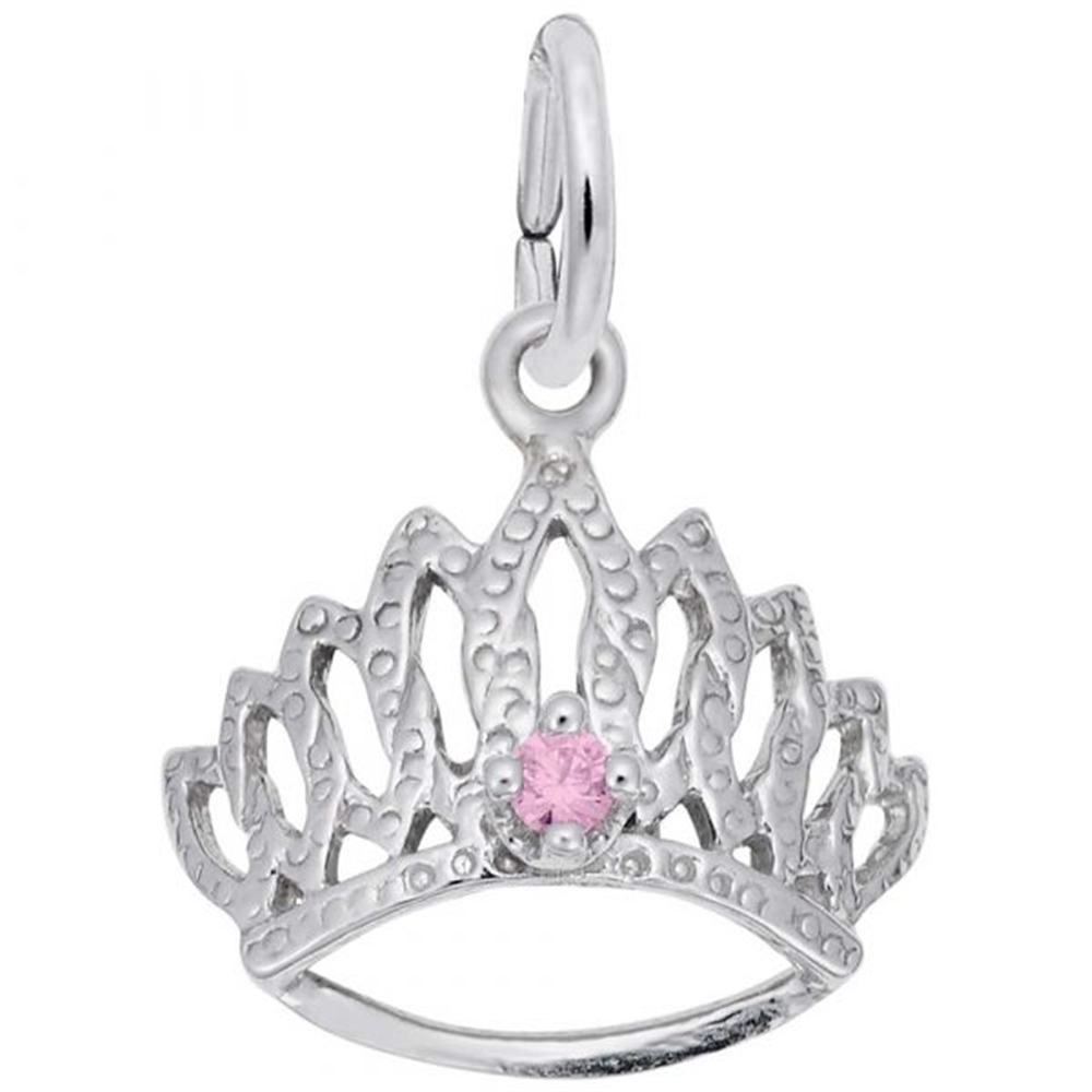 The Tiara With October Stone by Rembrandt Charms is a delicate silver charm featuring a textured design with pointed arches. At the center of the tiara's base, a small pink gemstone, known as an October Stone, adds a touch of color. The charm includes a loop at the top for easy attachment to a bracelet or necklace.