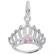 The Tiara With October Stone by Rembrandt Charms is a delicate silver charm featuring a textured design with pointed arches. At the center of the tiara's base, a small pink gemstone, known as an October Stone, adds a touch of color. The charm includes a loop at the top for easy attachment to a bracelet or necklace.