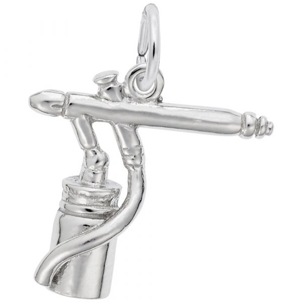 The Rembrandt Charms Airbrush Charm in sterling silver presents a meticulously detailed depiction of an airbrush tool, complete with a cylindrical cup at the bottom and a loop at the top for easy attachment to a chain or bracelet, making it an exquisite piece of artistic jewelry.