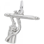 The Rembrandt Charms Airbrush Charm in sterling silver presents a meticulously detailed depiction of an airbrush tool, complete with a cylindrical cup at the bottom and a loop at the top for easy attachment to a chain or bracelet, making it an exquisite piece of artistic jewelry.