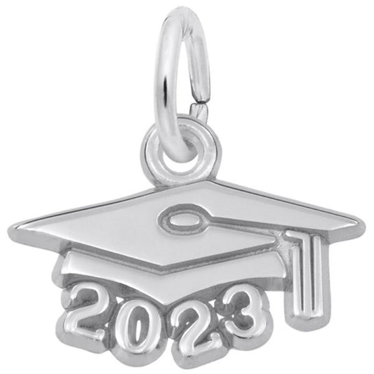 A sterling silver pendant from Rembrandt Charms, designed in the shape of a graduation cap and boldly engraved with "2023 GRAD CAP." Featuring a small loop at the top, the Graduation Cap 2023 Charm is perfect for adding a stylish touch to your graduation look on a chain or bracelet.