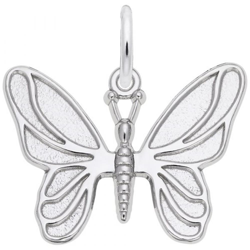 The Butterfly Charm in Sterling Silver by Rembrandt Charms boasts detailed wing patterns, with a fusion of textured and smooth surfaces. A small loop at the top makes it easy to attach to a chain or bracelet. This pendant exemplifies intricate design and exceptional craftsmanship.