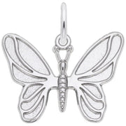 The Butterfly Charm in Sterling Silver by Rembrandt Charms boasts detailed wing patterns, with a fusion of textured and smooth surfaces. A small loop at the top makes it easy to attach to a chain or bracelet. This pendant exemplifies intricate design and exceptional craftsmanship.