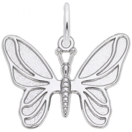 The Butterfly Charm in Sterling Silver by Rembrandt Charms boasts detailed wing patterns, with a fusion of textured and smooth surfaces. A small loop at the top makes it easy to attach to a chain or bracelet. This pendant exemplifies intricate design and exceptional craftsmanship.