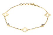 The B1491 14k YG Van Cleef Style Bracelet by Allison Kaufman features alternating clover charms and round crystals, plus an adjustable clasp. Style code: B149114k.