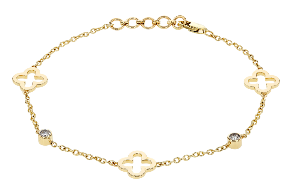 The B1491 14k YG Van Cleef Style Bracelet by Allison Kaufman features alternating clover charms and round crystals, plus an adjustable clasp. Style code: B149114k.