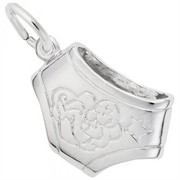 Introducing the Diaper Charm in Sterling Silver from Rembrandt Charms: a whimsical piece shaped like a pair of underwear, adorned with engraved designs including a cartoon figure, heart, and star. This delightful charm features a small loop at the top for easy attachment to any bracelet or necklace, making it a perfect addition to any collection.