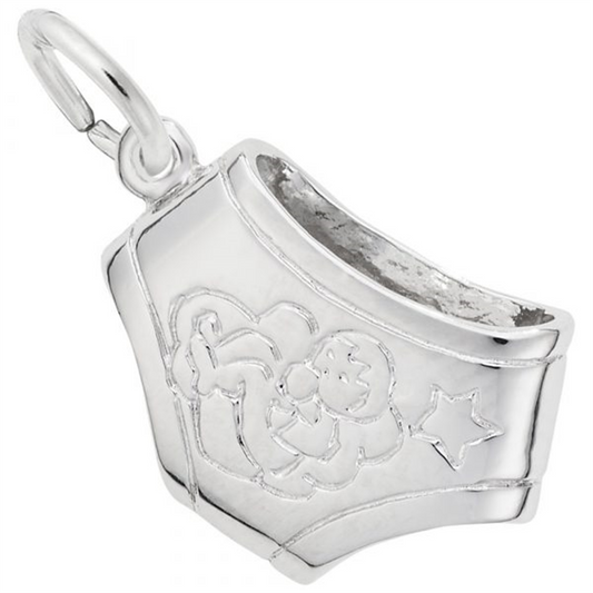 Introducing the Diaper Charm in Sterling Silver from Rembrandt Charms: a whimsical piece shaped like a pair of underwear, adorned with engraved designs including a cartoon figure, heart, and star. This delightful charm features a small loop at the top for easy attachment to any bracelet or necklace, making it a perfect addition to any collection.