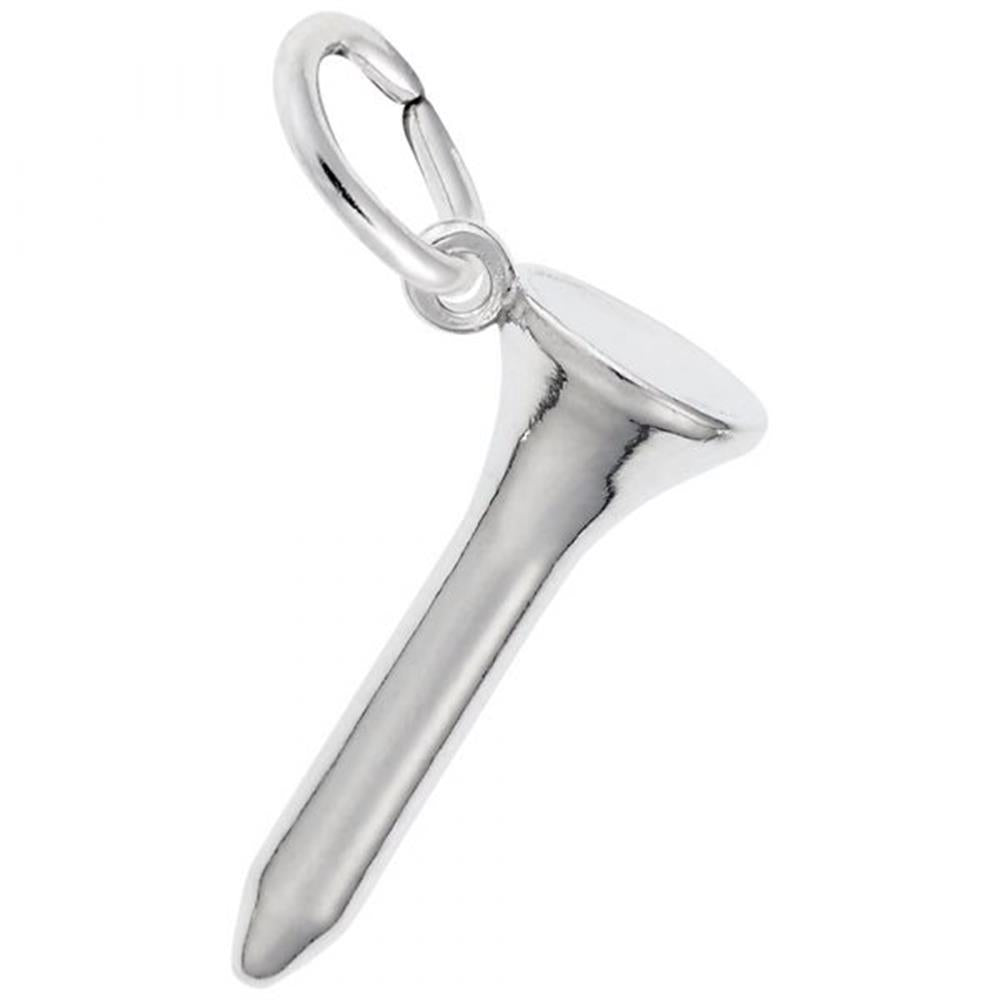 Rembrandt Charms' Golf Tee Charm is a shining example of sterling silver craftsmanship. Shaped like a nail with a rounded head and pointed tip, it features a small loop at the top for easy attachment to a chain or bracelet. This charm boasts a smooth, reflective surface reminiscent of an actual golf tee.