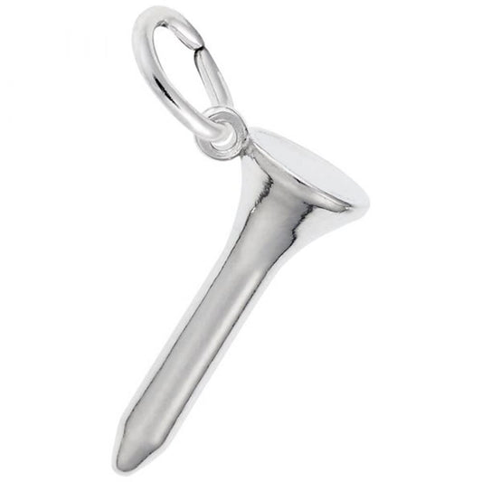 Rembrandt Charms' Golf Tee Charm is a shining example of sterling silver craftsmanship. Shaped like a nail with a rounded head and pointed tip, it features a small loop at the top for easy attachment to a chain or bracelet. This charm boasts a smooth, reflective surface reminiscent of an actual golf tee.