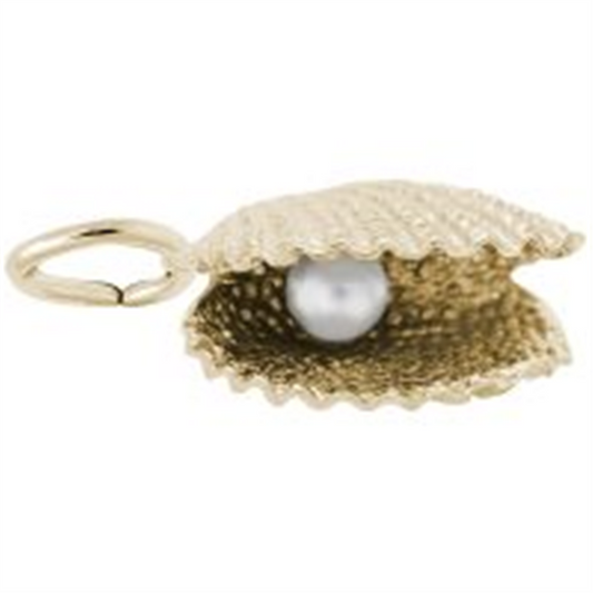 The Rembrandt Charms "Shell With Pearl" is a sterling silver, gold-plated charm with a textured clam shape holding a lustrous white pearl inside. It features a small loop for easy attachment to necklaces or bracelets.