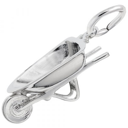 A close-up view of the Rembrandt Charms Wheel Barrow Charm in sterling silver. Featuring a detailed design with handles, a wheel, and a loop at the top for easy attachment to a bracelet or necklace, this charm boasts a shiny, silver finish.