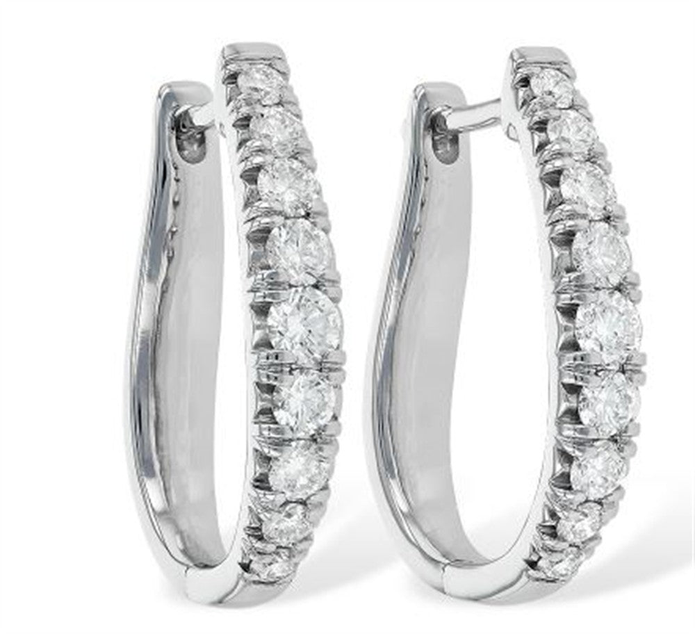 A pair of 14k white gold hoop earrings by Allison Kaufman, featuring 1.00ctw of round, sparkling white gemstones set along the front outer edge and displayed against a clean white background.