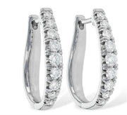 A pair of 14k white gold hoop earrings by Allison Kaufman, featuring 1.00ctw of round, sparkling white gemstones set along the front outer edge and displayed against a clean white background.