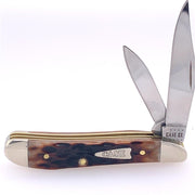 A partially unfolded Brown Bone Peach Seed Jig Knife from W.R. Case & Sons Cutlery Co., with two stainless steel blades and a textured brown bone handle featuring an embedded metal plate engraved with "Case." The base of the blades is also engraved with "CASE XX" against a plain white background.