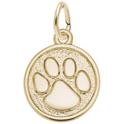The Rembrandt Charms Paw Print Charm is a circular gold-plated sterling silver pendant that showcases a raised paw print design on a textured background. It includes a loop at the top, perfect for attaching to a necklace or bracelet.