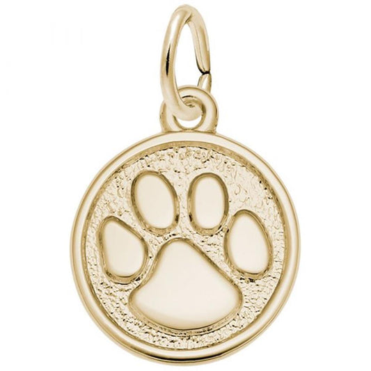The Rembrandt Charms Paw Print Charm is a circular gold-plated sterling silver pendant that showcases a raised paw print design on a textured background. It includes a loop at the top, perfect for attaching to a necklace or bracelet.