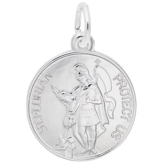 The Rembrandt Charms St. Florian Charm / Sterling Silver is a round pendant featuring St. Florian dressed as a Roman soldier, holding a flag and pouring water onto a burning house. The inscriptions "ST. FLORIAN" and "PROTECT US" appear around the edge, and there is a loop attached at the top for versatile wear as either a charm or necklace.