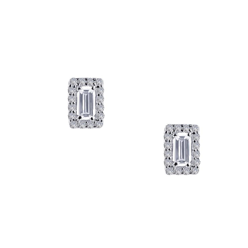 The Lafonn Halo Stud Earrings feature a central emerald-cut diamond framed by smaller round diamonds, set in sterling silver, elegantly displayed against a plain white background.