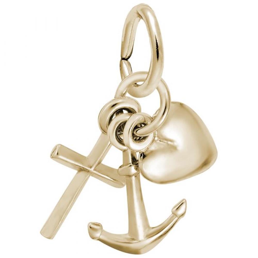 The Faith, Hope, Charity Charm by Rembrandt Charms is a gold-plated sterling silver accessory featuring a cross, an anchor, and a heart all linked together by a small ring. Representing faith and hope, the cross and anchor take prominence while the heart is positioned slightly behind them. This charm boasts a smooth, polished finish.