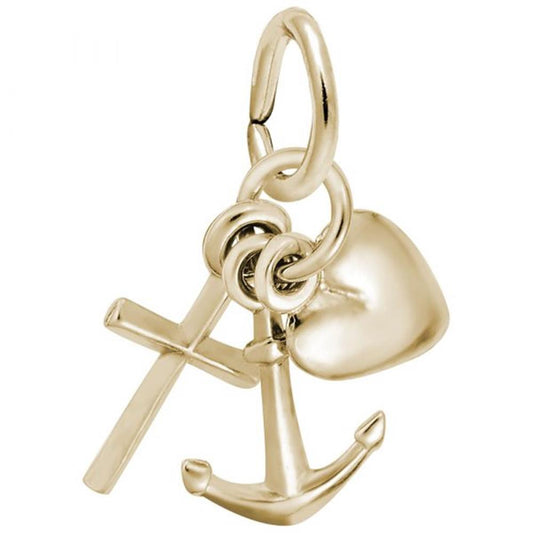 The Faith, Hope, Charity Charm by Rembrandt Charms is a gold-plated sterling silver accessory featuring a cross, an anchor, and a heart all linked together by a small ring. Representing faith and hope, the cross and anchor take prominence while the heart is positioned slightly behind them. This charm boasts a smooth, polished finish.