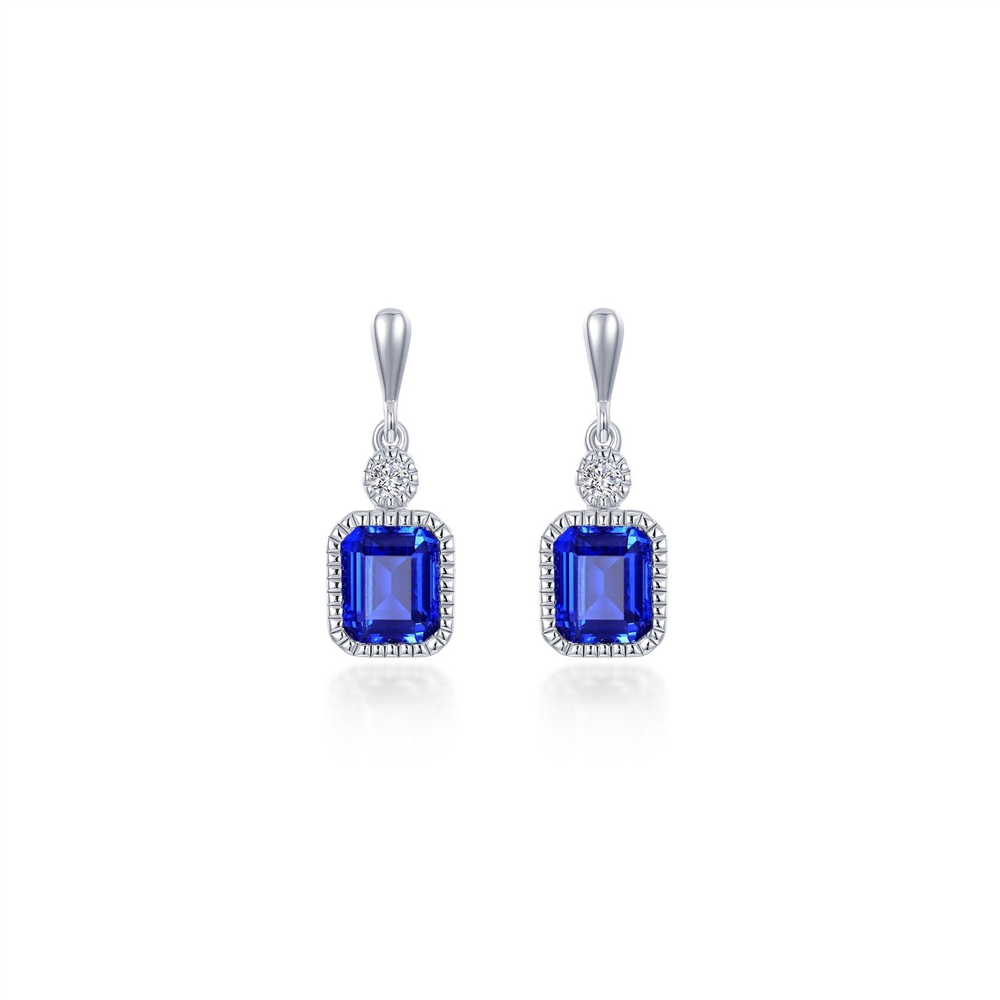 The Lafonn SEPT sim diamond, sapphire earrings feature rectangular blue gemstones framed by sparkling sim diamonds and a single round clear stone, all set in silver and elegantly suspended from a hook.