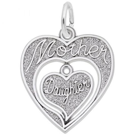 The Rembrandt Charms Mother Daughter Charm in sterling silver features two intertwined hearts. The outer heart is engraved with the word "Mother," while the inner heart reads "Daughter." This charming piece boasts a textured, glittery surface and includes a loop at the top for easy attachment to a chain.