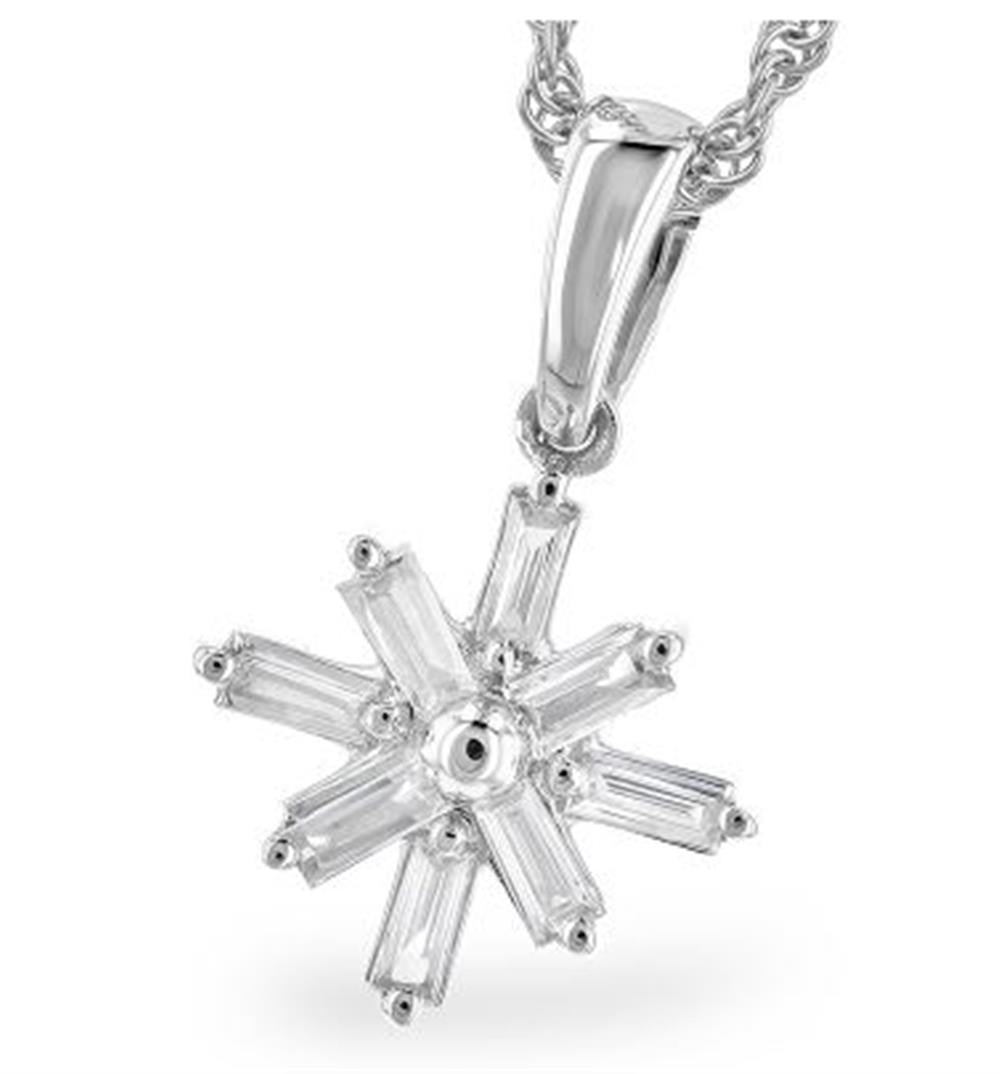 The 14K White Gold Snowflake Necklace with Diamonds by Allison Kaufman features a pendant in the shape of a star with elongated, baguette-cut stones radiating from the center, resembling a snowflake design. At its heart lies a small round stone, and it hangs gracefully from a silver twisted chain.