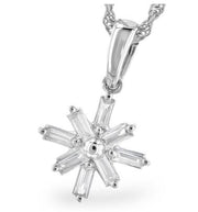 The 14K White Gold Snowflake Necklace with Diamonds by Allison Kaufman features a pendant in the shape of a star with elongated, baguette-cut stones radiating from the center, resembling a snowflake design. At its heart lies a small round stone, and it hangs gracefully from a silver twisted chain.