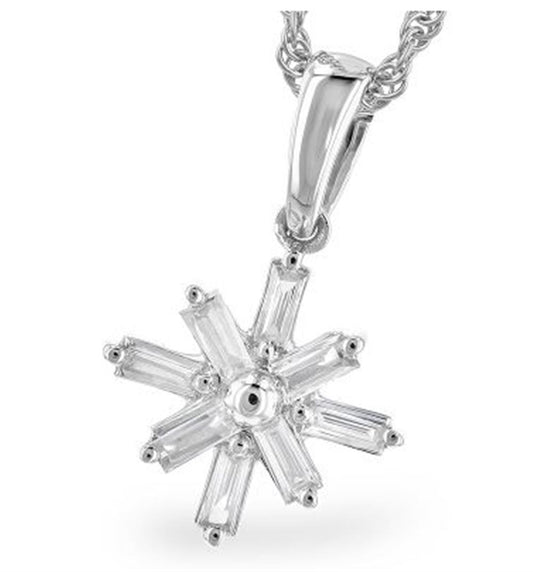 The 14K White Gold Snowflake Necklace with Diamonds by Allison Kaufman features a pendant in the shape of a star with elongated, baguette-cut stones radiating from the center, resembling a snowflake design. At its heart lies a small round stone, and it hangs gracefully from a silver twisted chain.