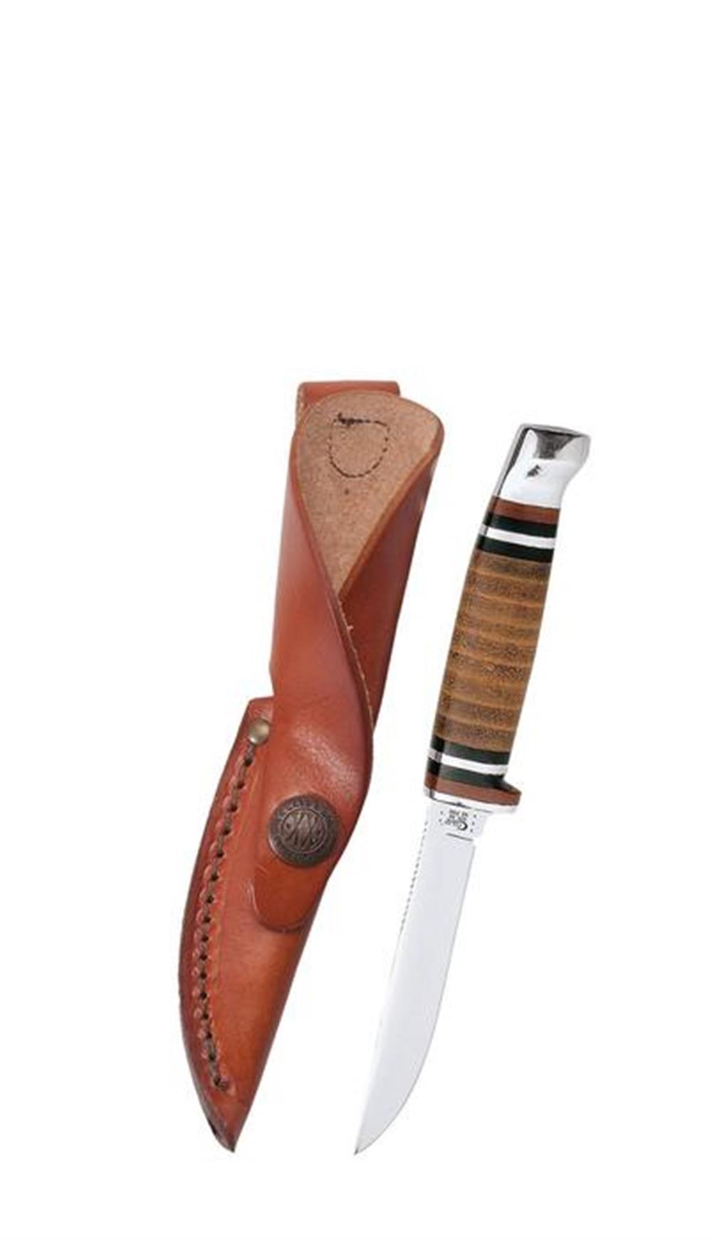 The W.R. Case & Sons Cutlery Co. Leather Hunter W/ Sheath, featuring a polished stainless steel blade and a leather-wrapped handle, is displayed upright next to its brown leather sheath adorned with stitching and a metal button clasp.