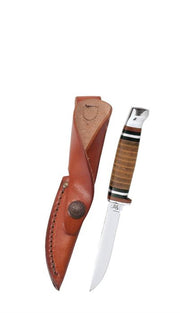 The W.R. Case & Sons Cutlery Co. Leather Hunter W/ Sheath, featuring a polished stainless steel blade and a leather-wrapped handle, is displayed upright next to its brown leather sheath adorned with stitching and a metal button clasp.