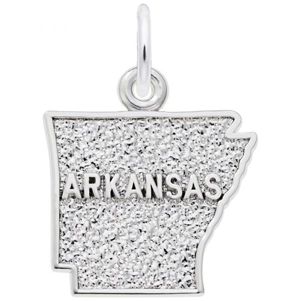 'Sterling silver charm in the shape of the Arkansas state map with the text: ARKANSAS. Style 3579, 0.6 in x 0.52 in (15.33 mm x 13.18 mm).'