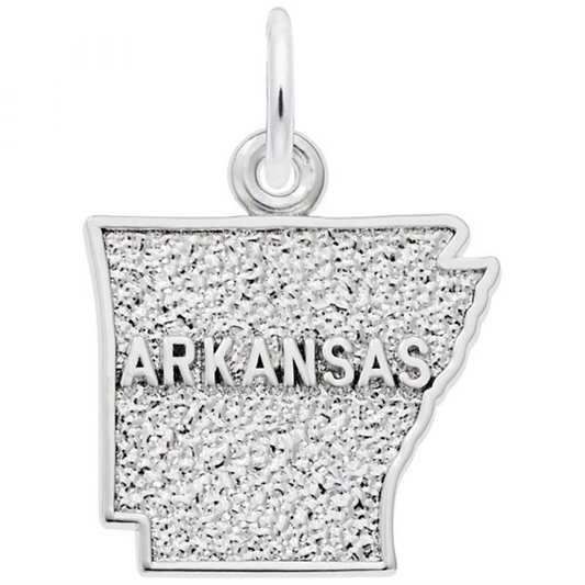 'Sterling silver charm in the shape of the Arkansas state map with the text: ARKANSAS. Style 3579, 0.6 in x 0.52 in (15.33 mm x 13.18 mm).'