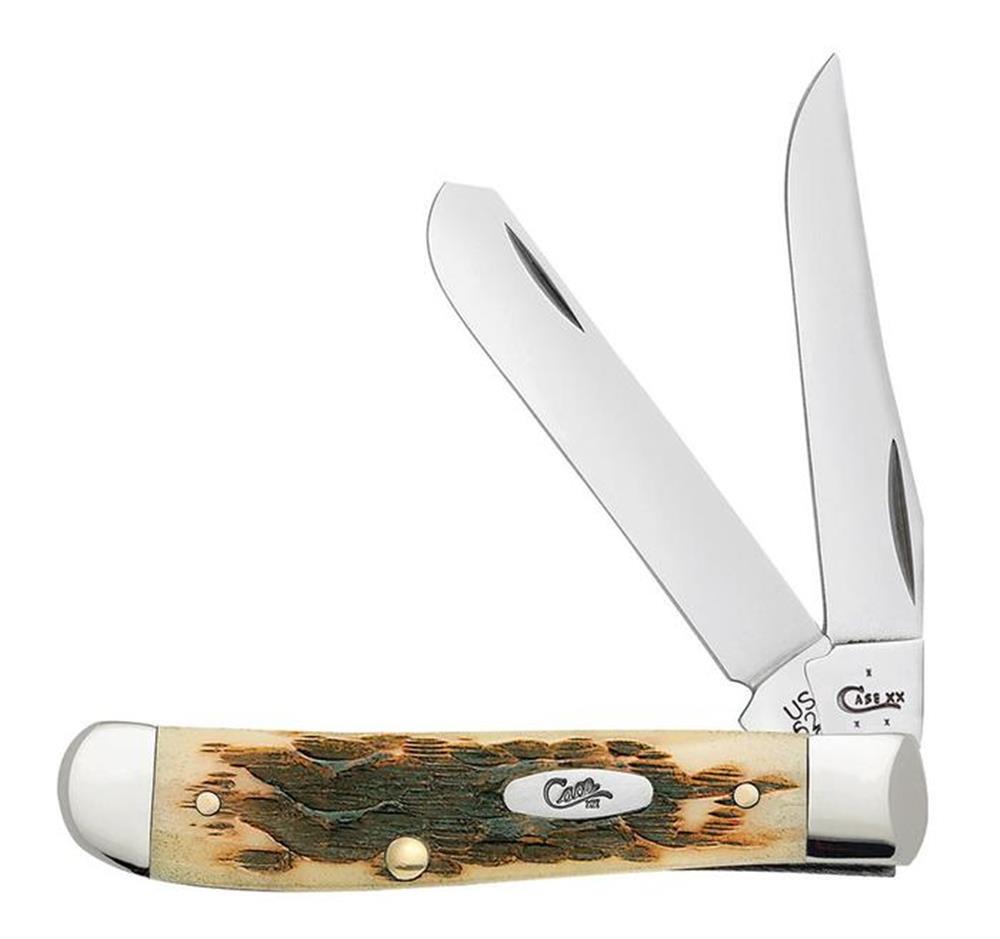 An Amber Bone Peach Seed Jig Knife by W.R. Case & Sons Cutlery Co., featuring two stainless steel blades partially open. The handle showcases a rugged, textured Amber Bone finish with a brass rivet and a silver emblem that reads "Case." The ends of the handle are capped with polished, silver-colored metal.