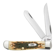 An Amber Bone Peach Seed Jig Knife by W.R. Case & Sons Cutlery Co., featuring two stainless steel blades partially open. The handle showcases a rugged, textured Amber Bone finish with a brass rivet and a silver emblem that reads "Case." The ends of the handle are capped with polished, silver-colored metal.