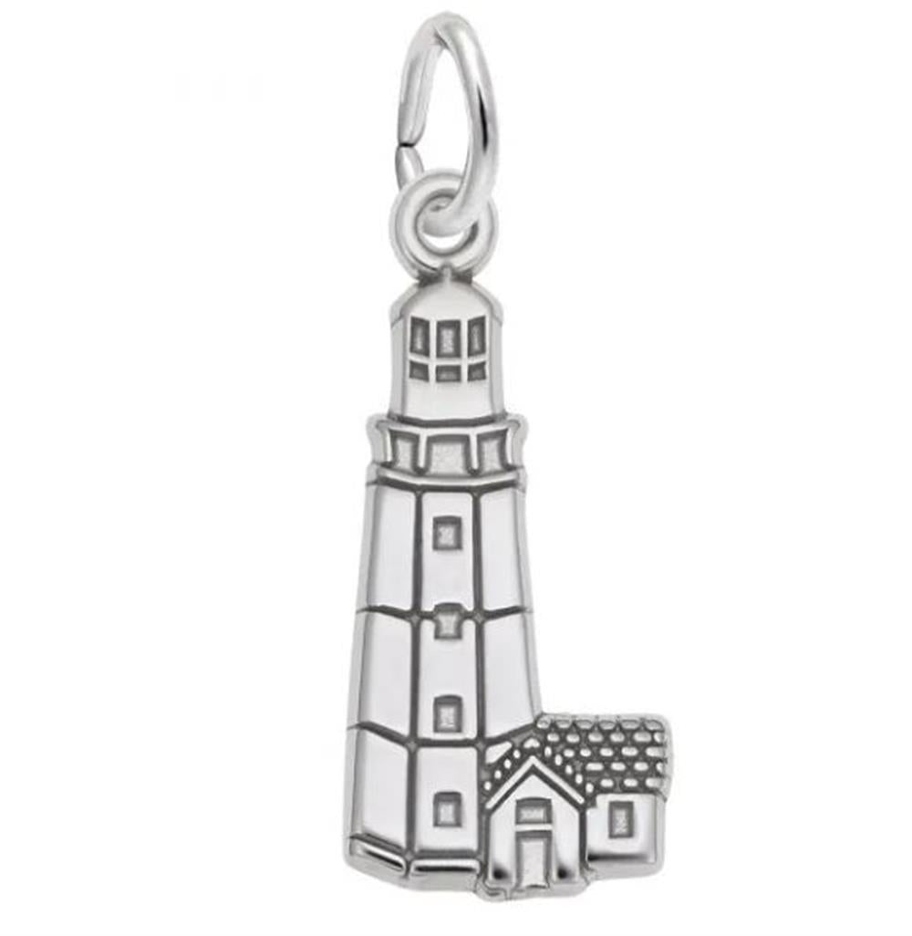 The Rembrandt Charms Montauk, NY Lt House Charm in sterling silver beautifully replicates the detailed structure of the iconic coastal lighthouse, complete with small windows and a connected house at its base. Inspired by New York's famous landmark, it includes a small loop at the top for easy attachment to bracelets or necklaces. The charm is set against a white background.