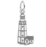 The Rembrandt Charms Montauk, NY Lt House Charm in sterling silver beautifully replicates the detailed structure of the iconic coastal lighthouse, complete with small windows and a connected house at its base. Inspired by New York's famous landmark, it includes a small loop at the top for easy attachment to bracelets or necklaces. The charm is set against a white background.