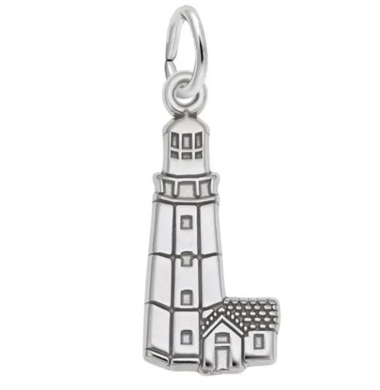 The Rembrandt Charms Montauk, NY Lt House Charm in sterling silver beautifully replicates the detailed structure of the iconic coastal lighthouse, complete with small windows and a connected house at its base. Inspired by New York's famous landmark, it includes a small loop at the top for easy attachment to bracelets or necklaces. The charm is set against a white background.