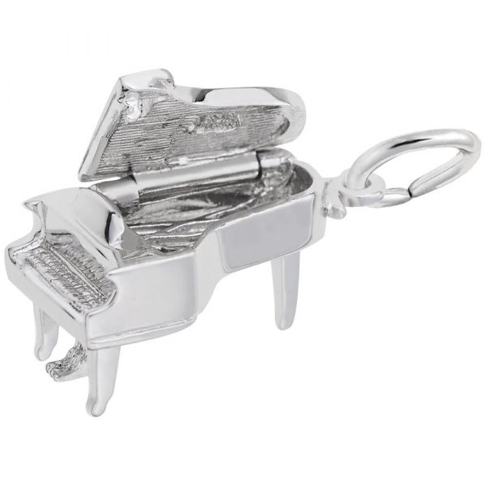 The image shows the Sterling Silver Baby Grand Piano Charm from Rembrandt Charms. This charm is crafted in sterling silver and features an intricately detailed design of a baby grand piano. The charm measures 0.42 inches by 0.67 inches (10.53 mm x 16.86 mm), and the style number is 8252. This elegant charm is perfect for music lovers and pianists, making a beautiful addition to any charm bracelet.