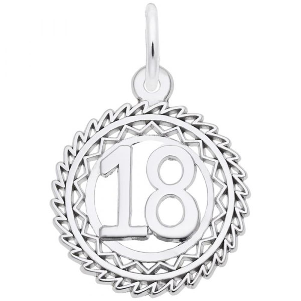 The Rembrandt Charms Number 18 Charm in sterling silver features a round design with a zigzag pattern adorning the edges and the number "18" boldly displayed in the center. A small loop is included at the top, making it easy to attach to a chain or bracelet.