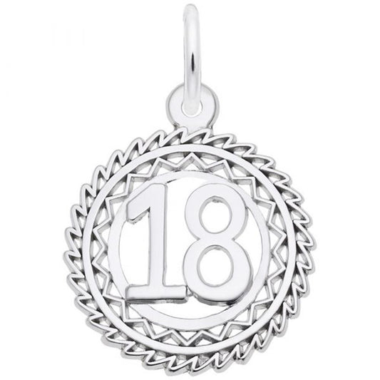 The Rembrandt Charms Number 18 Charm in sterling silver features a round design with a zigzag pattern adorning the edges and the number "18" boldly displayed in the center. A small loop is included at the top, making it easy to attach to a chain or bracelet.