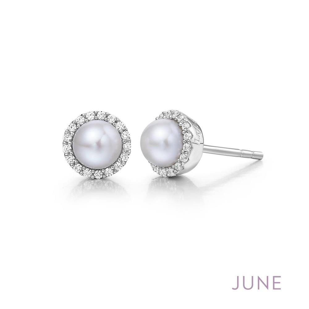 Introducing the June Birthstone Earrings by Lafonn: a pair of elegant freshwater pearl stud earrings, each adorned with a halo of small, sparkling diamonds. The word "June" is elegantly written in light purple in the lower right corner, signifying that pearls are the birthstone for this month.