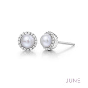 Introducing the June Birthstone Earrings by Lafonn: a pair of elegant freshwater pearl stud earrings, each adorned with a halo of small, sparkling diamonds. The word "June" is elegantly written in light purple in the lower right corner, signifying that pearls are the birthstone for this month.
