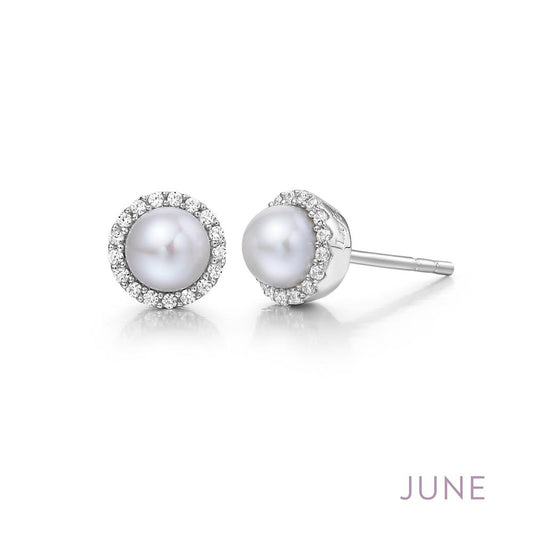 Introducing the June Birthstone Earrings by Lafonn: a pair of elegant freshwater pearl stud earrings, each adorned with a halo of small, sparkling diamonds. The word "June" is elegantly written in light purple in the lower right corner, signifying that pearls are the birthstone for this month.